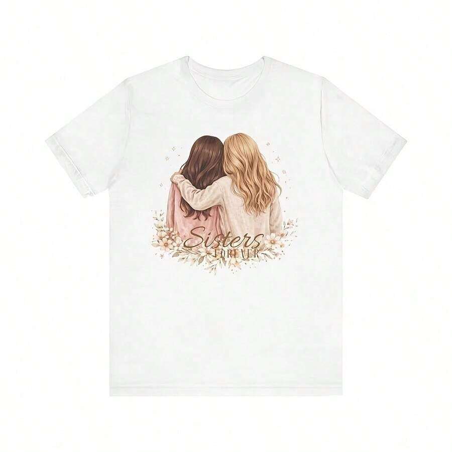 short-sleeveCamiseta "Abrazo de hermanas" - Ilustración de hermandad, rubia y morena100% Cotton - Blanco - Ver 1