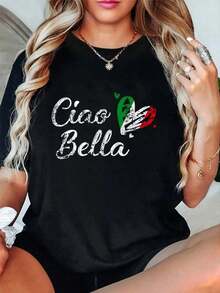 Under The Radar 100% Algodón Italia Ciao Bella - Bandera Italia Italiano Pasta Roma Camiseta de Mujer Vintage Corte Holgado Camisetas Premium Suaves Estampadas Cuello Redondo Camisetas de Moda - Estilo Urbano Vintage Unisex Camiseta de Manga Corta de Algodón Suave con Cuello Redondo - Negro - Ver 1