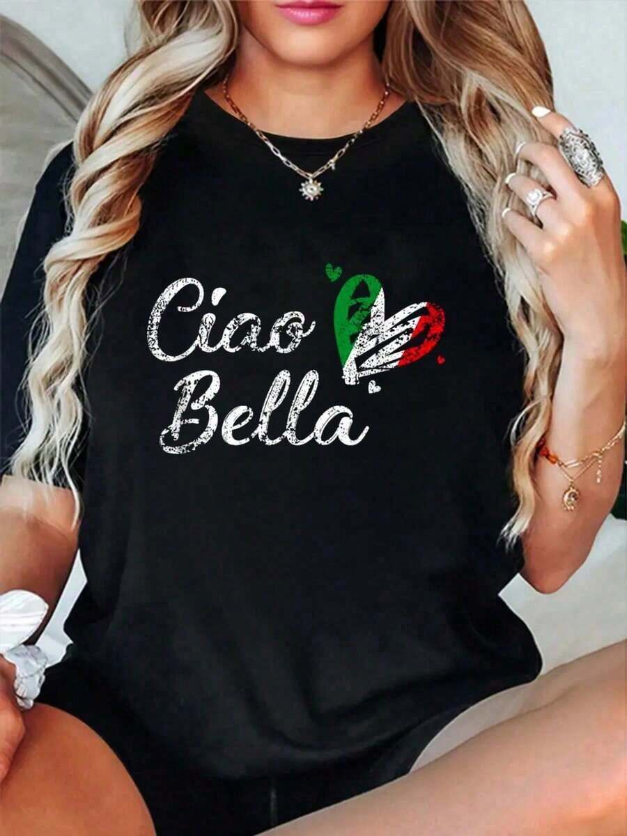 Under The Radar 100% Algodón Italia Ciao Bella - Bandera Italia Italiano Pasta Roma Camiseta de Mujer Vintage Corte Holgado Camisetas Premium Suaves Estampadas Cuello Redondo Camisetas de Moda - Estilo Urbano Vintage Unisex Camiseta de Manga Corta de Algodón Suave con Cuello Redondo - Negro - Ver 1