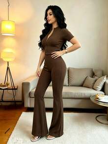 Conjunto de top corto deportivo con cremallera sin costuras y mallas deportivas de cintura alta para mujer - Café integral - Ver 4