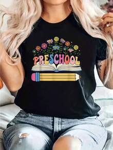 Camiseta Unisex para Maestros de Jardín de Infancia - Camiseta suave y transpirable para trabajadores de educación, con estampados de libros y lápices, cuello redondo informal y mangas cortas, adecuada para guarderías, personal y para la vuelta al cole - Camiseta Unisex de Estilo Urbano Vintage, de algodón suelto y manga corta con cuello redondo. - Negro - Ver 1