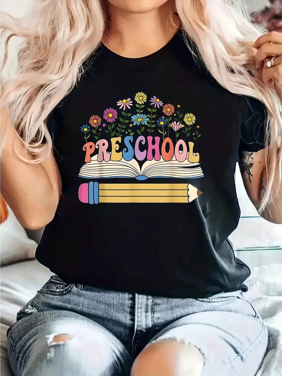 Camiseta Unisex para Maestros de Jardín de Infancia - Camiseta suave y transpirable para trabajadores de educación, con estampados de libros y lápices, cuello redondo informal y mangas cortas, adecuada para guarderías, personal y para la vuelta al cole - Camiseta Unisex de Estilo Urbano Vintage, de algodón suelto y manga corta con cuello redondo. - Negro - Ver 1