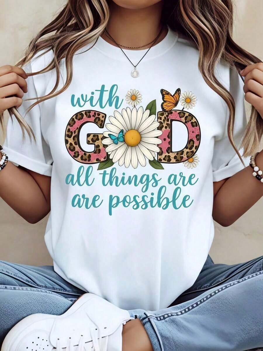 Camiseta Blanca de Mujer Trendy1pc con Estampado de Margaritas, Mariposas, Leopardo y Letras, Cuello Redondo, Camiseta Casual de Algodón, Tejido de Punto de Elasticidad Media, Corte Regular para Mujeres, para Primavera/Verano/Otoño, Uso Diario