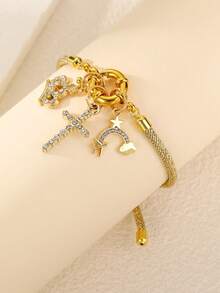 1 pièce/2 pièces Ensemble de bracelets tressés avec couronne en forme de cœur ornée de strass or et argent, convient pour la décoration quotidienne - Multicolore - Voir 5