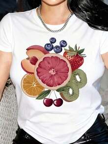 Camiseta de manga corta para mujer - Estampado de frutas tropicales en amarillo brillante con kiwi, fresa, uva, sandía - Ropa casual para vacaciones en la playa, lavable a máquina, camisa de primavera-verano, camiseta estilo playa, guardarropa de primavera, moda de verano, diseño divertido, material ligero, construcción duradera, blusa estampada, para viajeras de verano. - Blanco - Ver 5