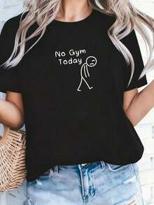 Funny Casual T-Shirt With Sad Stick Figure Design 'No To The Gym Today' For Fitness And Training, For Men And Women - 黑色 - 查看 6