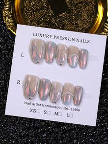 10pcs Oval Short Handmade Press On Nails Nude Pink & Blue Fake Nail Tips With Holographic Aurora & Pearl Decoration Reusable Luxury False Nails For Women - Baby Blue - View 11