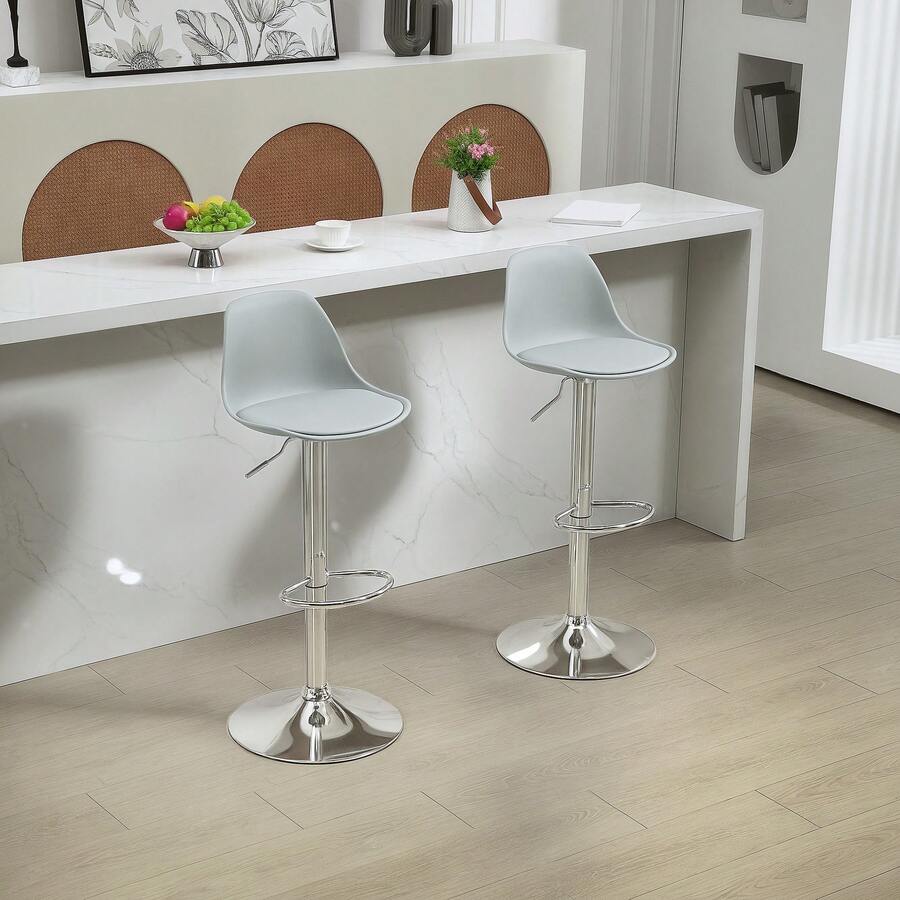 Set Of 2 Bar Stools, Padded Bar Chairs With Steel Frame, Backrest, Height-Adjustable Kitchen Chairs With Footrest, 360° Swivel Counter Stools For Kitchen, Living Room, Dining Room, Grey Faux Leather - Grey - View 1