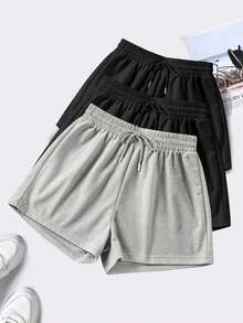 3 Peças Shorts Esportivos de Cintura Elástica Cor Sólida - Multicolorido - Visão 2