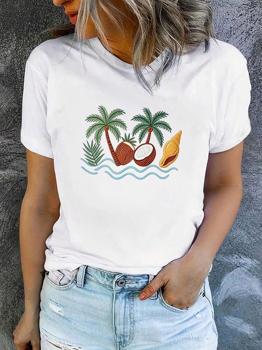 Camiseta de manga corta con cuello redondo para mujer, estampada, moderna y casual, lavable a máquina, ajuste cómodo, estampado plano 2D Blusas Para Mujer Casual. - Blanco_07 - Ver 1
