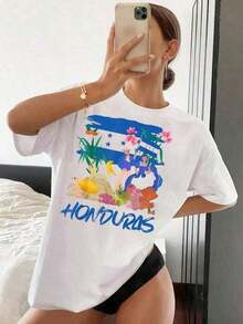 Camiseta de mujer con estampado de la bandera de Honduras, de manga corta y cuello redondo, estilo casual, de tela ligera y suave, top deportivo de estilo athleisure, cómoda para uso diario, ideal para el orgullo hondureño y eventos nacionales. - Blanco - Ver 1