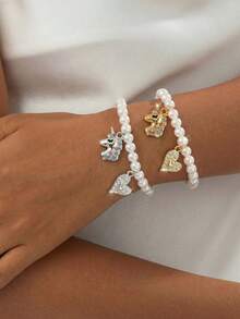 1pc/2pcs Girls Pearl Beaded Rhinestone Heart & Unicorn Bracelet Set, Suitable For Daily Decoration - Multicolor - View 1