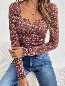Blusa mujer cuello en V pequeño estampado floral rojo manga larga - Rojo - Ver 2