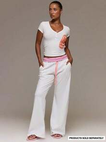 Pantalones de pierna ancha con cintura de cordón y contraste de color, solo Bottom coordinada, linda para uso diario, aeropuerto, vacaciones, verano, primavera - Multicolor - Ver 1