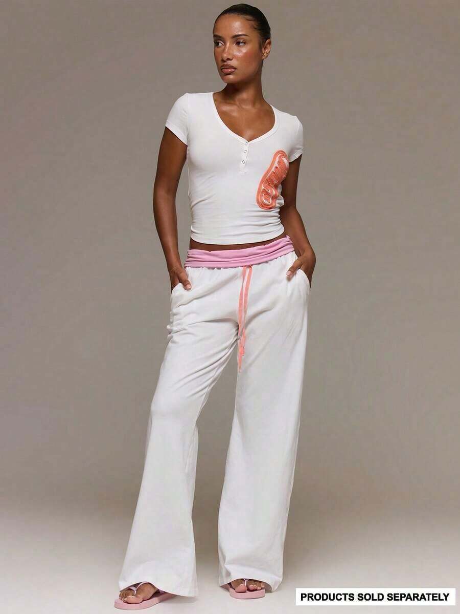Pantalones de pierna ancha con cintura de cordón y contraste de color, solo Bottom coordinada, linda para uso diario, aeropuerto, vacaciones, verano, primavera - Multicolor - Ver 1