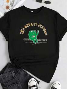 1 Piece Of Women's T-Shirt With Turquoise Green Frog Print - Casual Short Sleeve Round Neck T-Shirt With The Slogan "I Am A Person" In Spanish And Frog Design, Medium Elastic Fit, 180g, 100% Cotton. - 黑色 2 - 查看 3