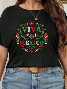 Camiseta de talla grande con estampado de letras, de fibra de poliéster, cuello redondo, A108435, blusas para mujer - Negro - Ver 1