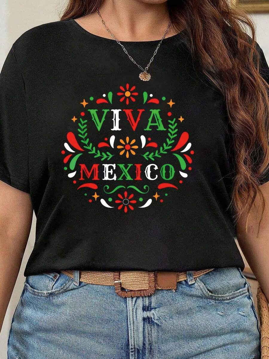 Camiseta de talla grande con estampado de letras, de fibra de poliéster, cuello redondo, A108435, blusas para mujer - Negro - Ver 1