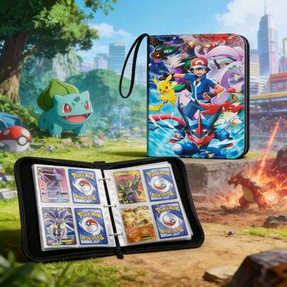 pokemon Pokémon Card Album | PU Ring Binder Storage Box, Suitable For Home Use, Includes 50 Detachable Clear Card Sleeves 4-Pocket Design Holds 240 Cards, Suitable For Baseball/Football Cards, Game Cards, Sports Cards And All Standard Size Collectible Trading Cards, Perfect Gift And School Supplies For Birthday, Easter, Thanksgiving, Back To School Season
