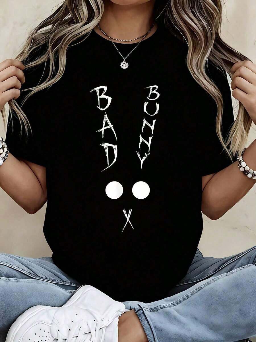 White Crew Neck T-Shirt With "Bad Girl" Text Print, Casual Urban Fashion Top For Women, Summer Clothes - Vintage Urban Style, Unisex, Loose Fit, Cotton, Short Sleeve, 100% Cotton - 黑色 - 查看 1