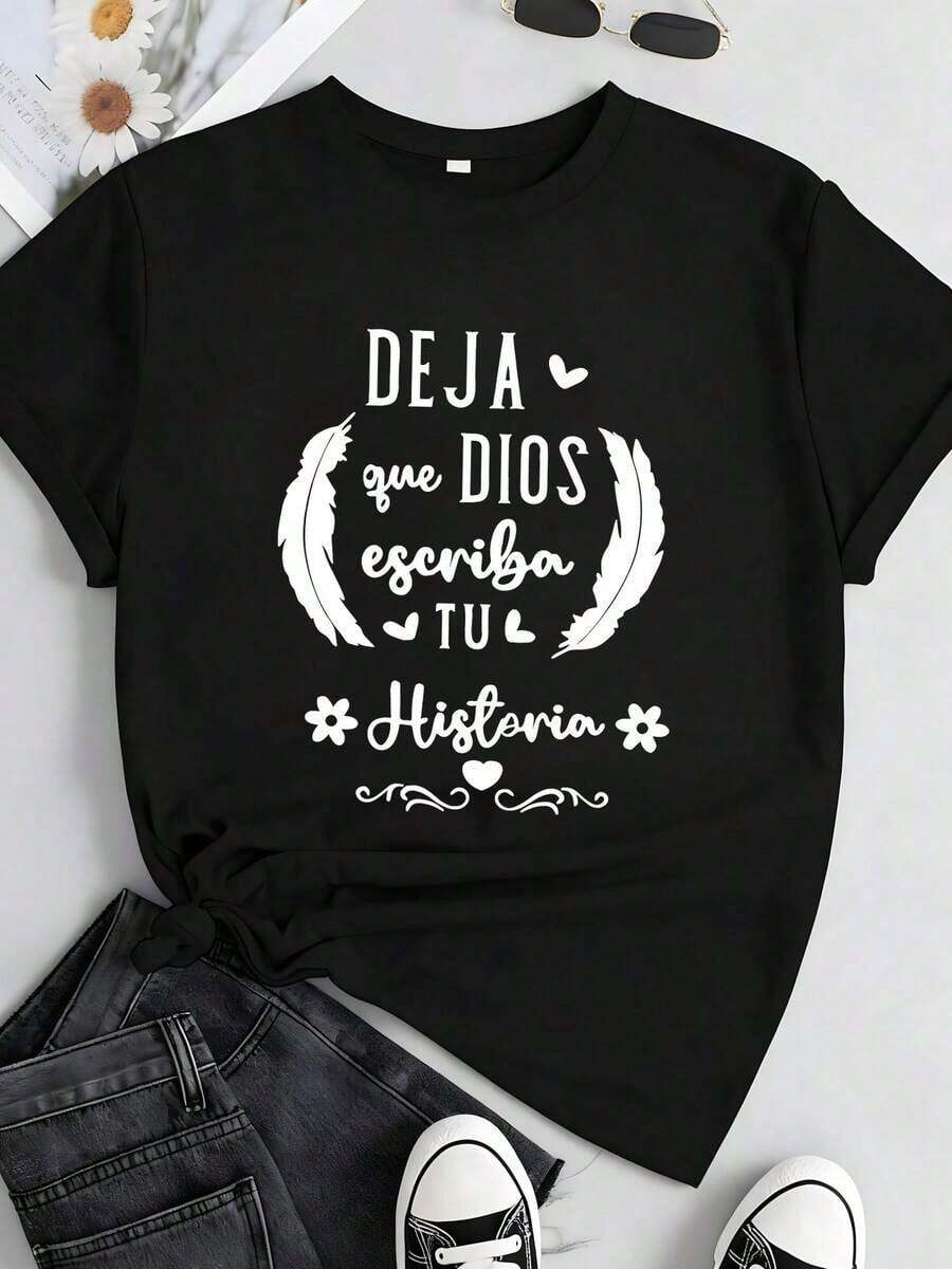 1 Inspirational T-Shirt For Women With Quote In Spanish - Let God Write Your Story - Casual Round Neck, Short Sleeve, Lightweight, Spring-Summer Fashion, Spiritual Gift Idea, Inspiration, 180g, 100% Cotton. - 黑色 3 - 查看 1