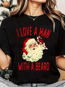 Women's T-Shirt With Santa Claus And Bearded Man Print, Round Neck, Casual, Soft And Comfortable, For Christmas, 220g, Loose Fit T-Shirt For Women - 黑色 - 查看 1