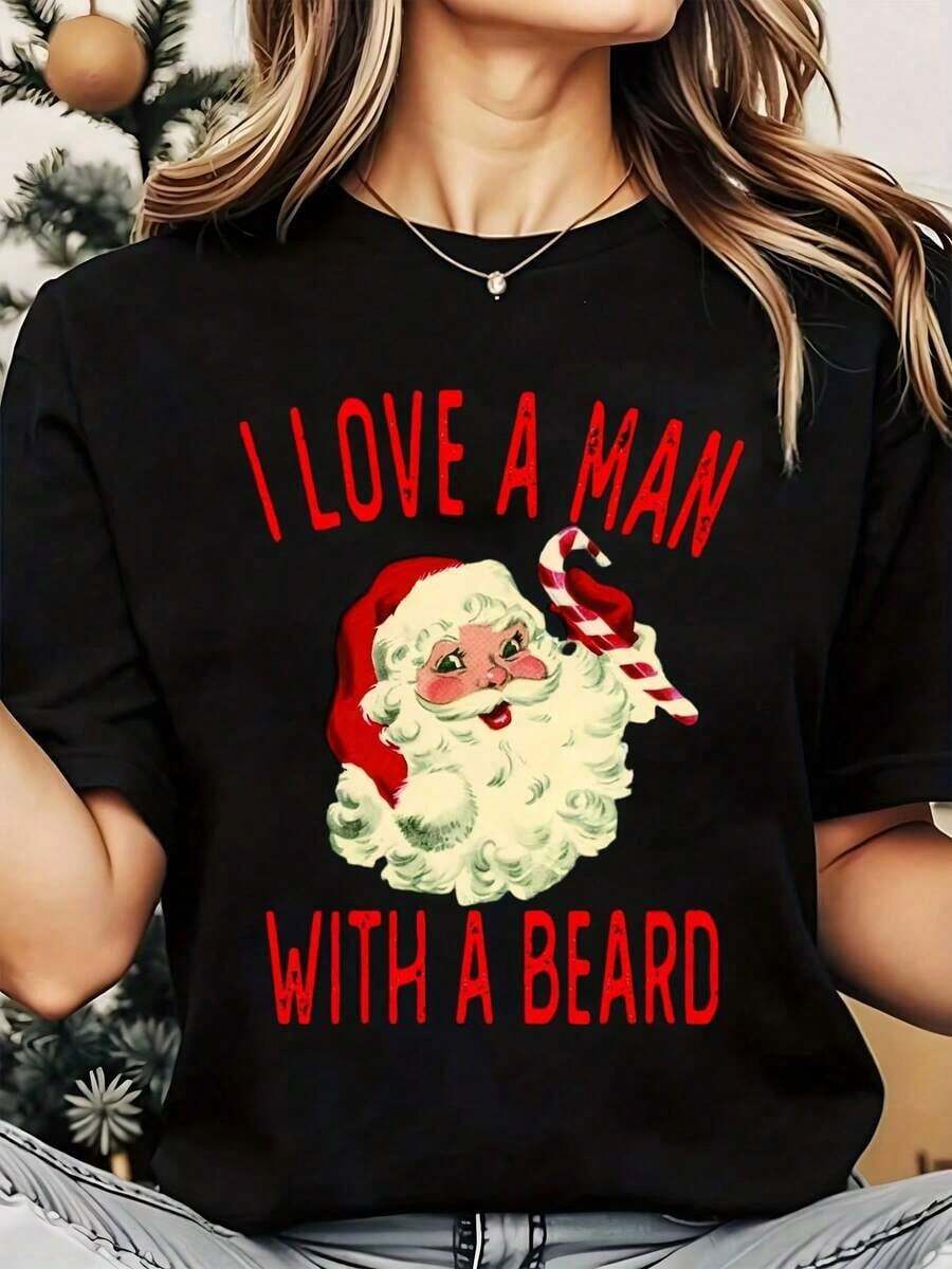 Women's T-Shirt With Santa Claus And Bearded Man Print, Round Neck, Casual, Soft And Comfortable, For Christmas, 220g, Loose Fit T-Shirt For Women - 黑色 - 查看 1