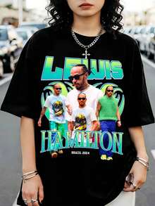 L-LewisS H-HamiltonS Casual T-Shirt With Collage Print For Fans - Black - View 6