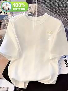 Women's T-Shirt, Casual Short-Sleeved Crew Neck T-Shirt, 100% Pure Cotton, The Perfect Choice For Spring And Summer, A T-Shirt For Everyday Wear. | Printed T-Shirt | Lightweight Fabric, Loose-Fitting Casual Top For Everyday Wear, Breathable And Comfortable, A Must-Have For All Seasons, Machine Washable, Non-See-Through Fabric, Comfortable And Loose Fit,  And Fashionable Top, Breathable Basic Style, A Versatile And Essential Garment For Women. - 白色 - 查看 12