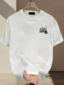 Camiseta de hombre de algodón 100% de peso pesado con diseño vintage francés de París - estampados de la Torre Eiffel y  de 1974, cuello redondo, manga corta, casual para viajes de verano y uso diario, 100% algodón. - Blanco - Ver 2