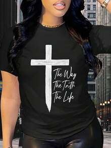 Soft, Breathable, And Lightweight For All-Day Comfort. Women's T-Shirt With A Cross Print And The Inscription "Road, Truth, Life" - Soft, Breathable, Short-Sleeved, Crew Neck, Casual Style, With A White Cross And Cursive Lettering, Machine-Washable Church Wear, Religious-Themed Casual Wear. Classic Crew Neck With A Relaxed Fit That Flatters All Body Shapes And Is Easy To Pair With Jeans, Shorts, And Leggings. - 黑色 - 查看 12