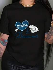Camiseta de mujer con estampado de patrón DENIM, top casual de manga corta y cuello redondo, adecuada para verano y primavera, ropa de mujer, tops para mujer. - Negro - Ver 12