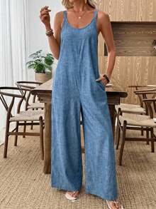 Modern Jumpsuit, Solid Khaki Color, Wide Leg Design For Women - Peacock Blue - View 2