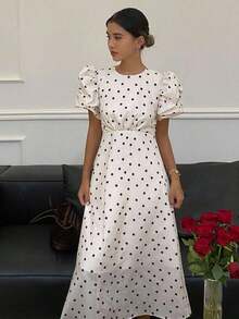 Vestido de verano para mujer con estampado de lunares, cuello redondo y manga corta - Blanco - Ver 8