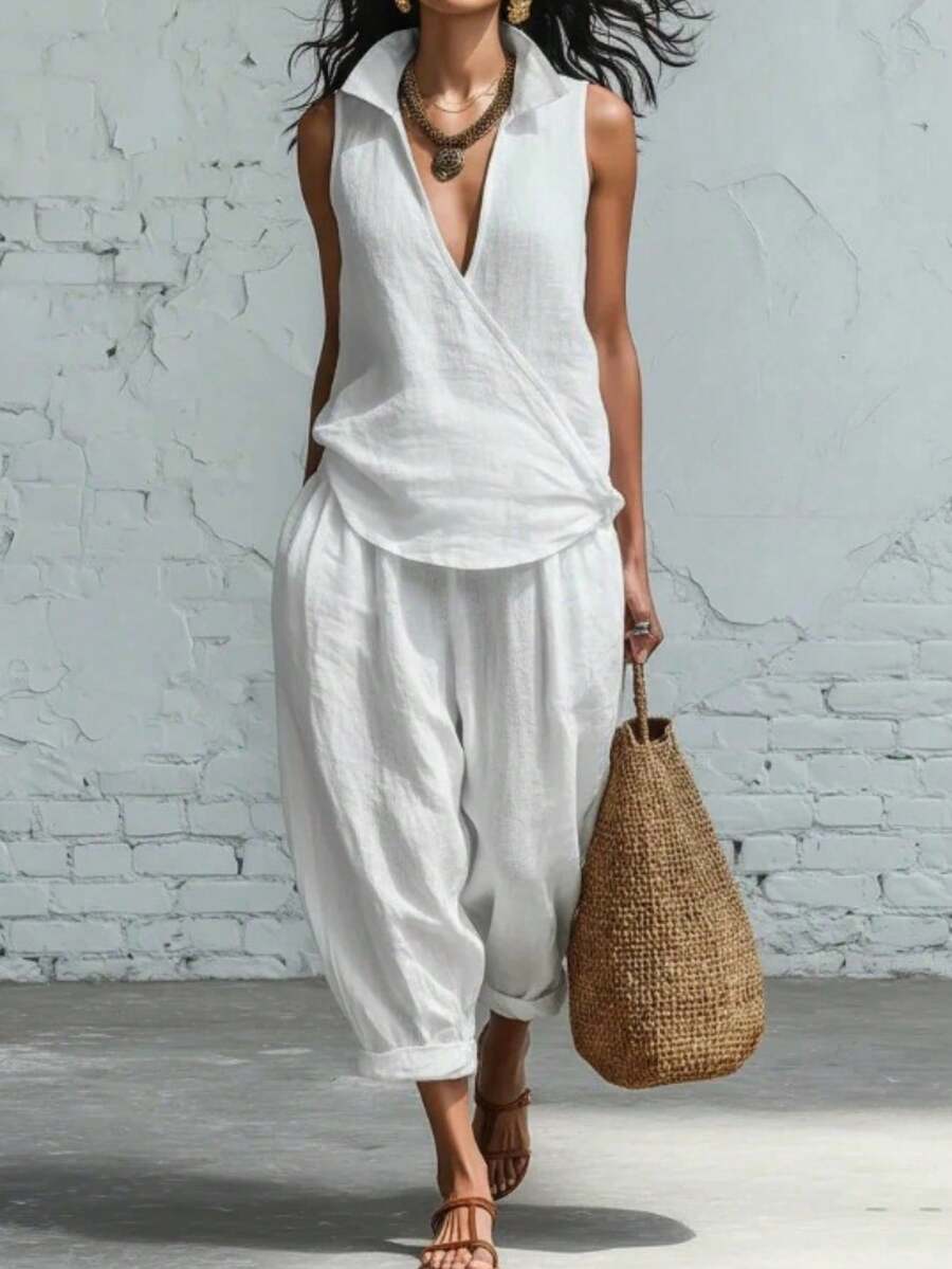 Conjunto dos piezas lino con camisa de cuello solapa y pantalones anchos - Blanco - Ver 1
