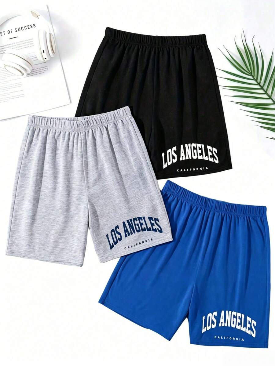 Set de 3 pantalones cortos básicos para hombre de tela de poliéster elástica, con estampado de letras, aptos para uso en casa/pijama, para todas las temporadas - Multicolor - Ver 1