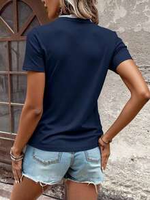 Camiseta informal de cuello redondo con diseño de corte en unicolor - Azul marino - Ver 2