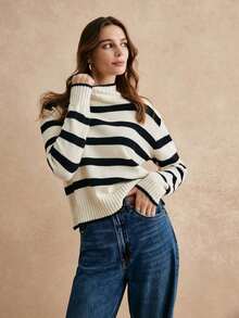Suéteres de cuello alto a rayas en blanco y negro, suéter blanco, suéteres de mujer, suéter a rayas, atuendos de invierno para mujer, suéter de punto a rayas de manga larga con cuello levantado simple de mujer, casual diario, estilo chic sin esfu - Blanco y Negro - Ver 4