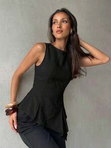 Blusa sin mangas asimétrica color caqui - Negro - Ver 7