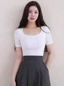 Camiseta casual de manga corta con cuello redondo de unicolor para mujer en verano - Blanco - Ver 6