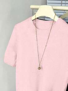 Suéter de punto de cuello redondo de manga corta para mujer, de unicolor casual para uso diario, jersey ligero minimalista y lindo, top de verano para mujer, conjunto de verano para mujer, suéter de punto de verano, top de verano adorable para mujer - Rosa - Ver 5