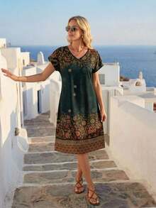 Vestido casual de verano de manga raglán con patrón geométrico vintage y cuello en V para mujer, ideal para vacaciones - Multicolor 3 - Ver 6