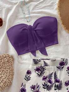 Conjunto de 2 piezas de top bandeau de unicolor y shorts con estampado tropical para vacaciones de mujer - Multicolor 6 - Ver 5