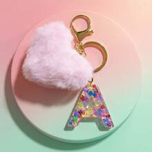 1 pieza Llavero con corazón de letra de resina beige y borla para mujer, accesorio creativo de estilo lindo como regalo para amigos - Rosa - Ver 26