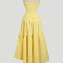 guangzhougaolangshangmao  Vestido casual de línea A amarillo sólido con pliegues, sin tirantes, de moda sencilla para fiestas, playa y citas, primavera y verano - Amarillo - Ver 3