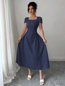 xheElenzga Vestido de manga abullonada, de longitud media, de cuello cuadrado, elegante y casual, ideal para el trabajo, las vacaciones y el té de la tarde, con cintura estilizadora, elegante y chic, para primavera/veranoxhe - Azul marino - Ver 6