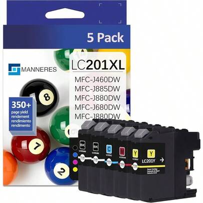 LC201XL High Yield Ink Cartridges (2BK/1C/1M/1Y, 5 Pack) Compatible LC201 LC201BK LC203 XL Ink Cartridge Work With MFC-J480DW MFC-J485DW MFC-J880DW MFC-J4420DW MFC-J680DW Printer