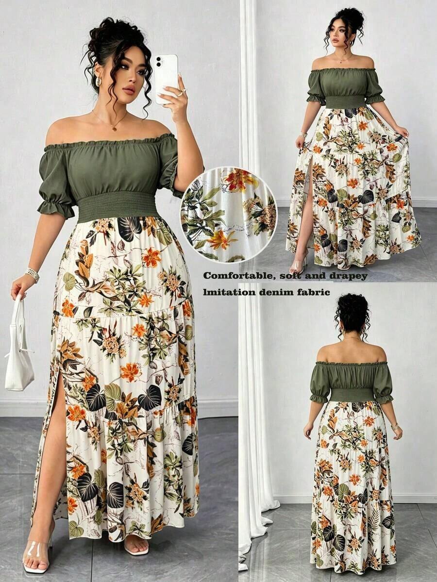 Auvina Vestido casual elegante de talla grande para mujer de primavera/verano, en azul sólido de aspecto de mezclilla con cintura fruncida y con abertura lateral - Verde militar - Ver 1