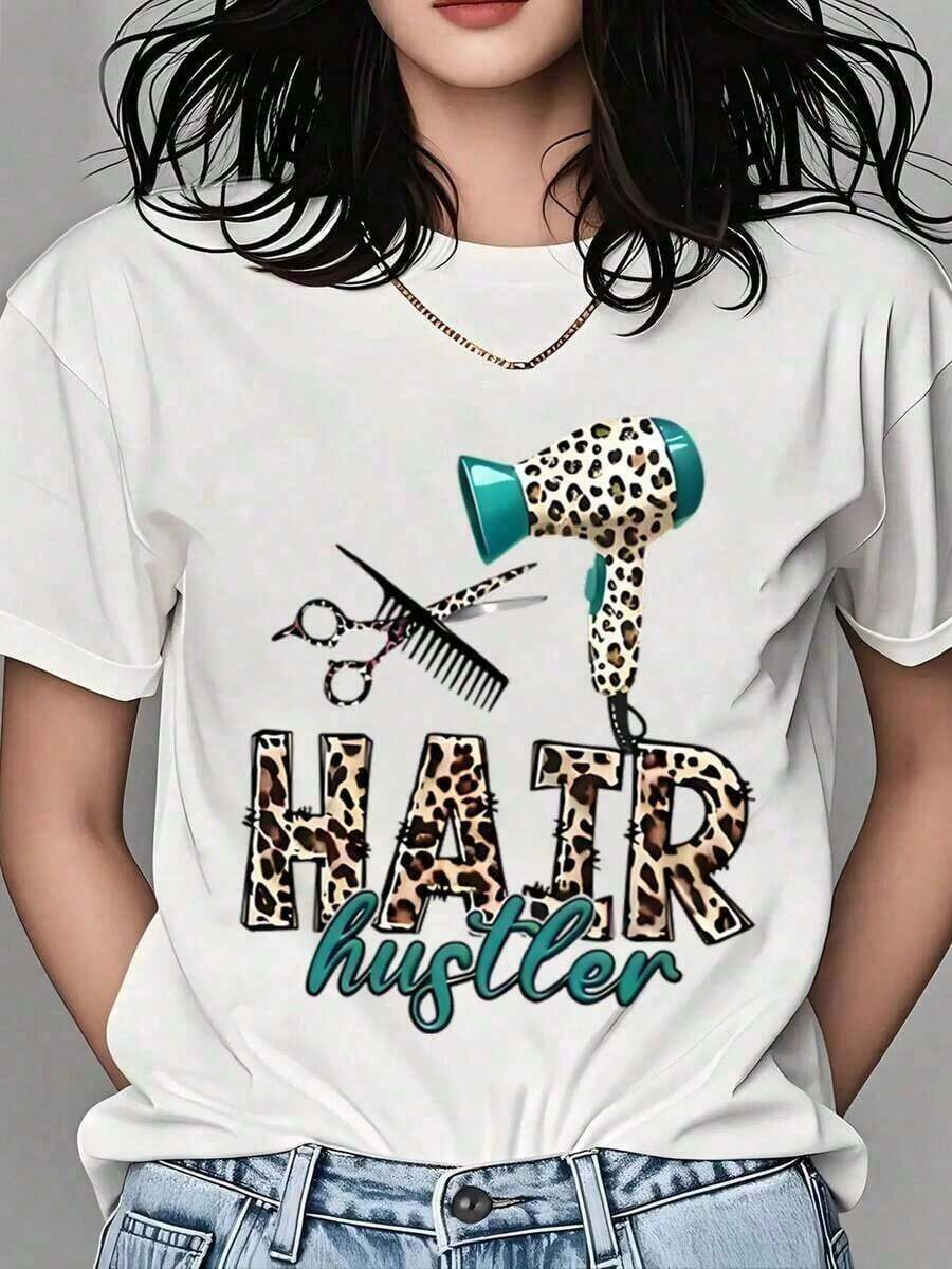 100% Algodón, Camiseta de Estilista de Cabello con Estampado de Leopardo, Secador de Pelo, Tijeras, Peine para Mujeres, Regalo Elegante de Peluquero, Camiseta Divertida de Estilo de Cabello, Perfecta para Estilistas y Entusiastas de la Belleza, Ropa Casual para el Trabajo o Uso Diario 180g suaveSuitable for spring, summer and autumn - Blanco - Ver 1