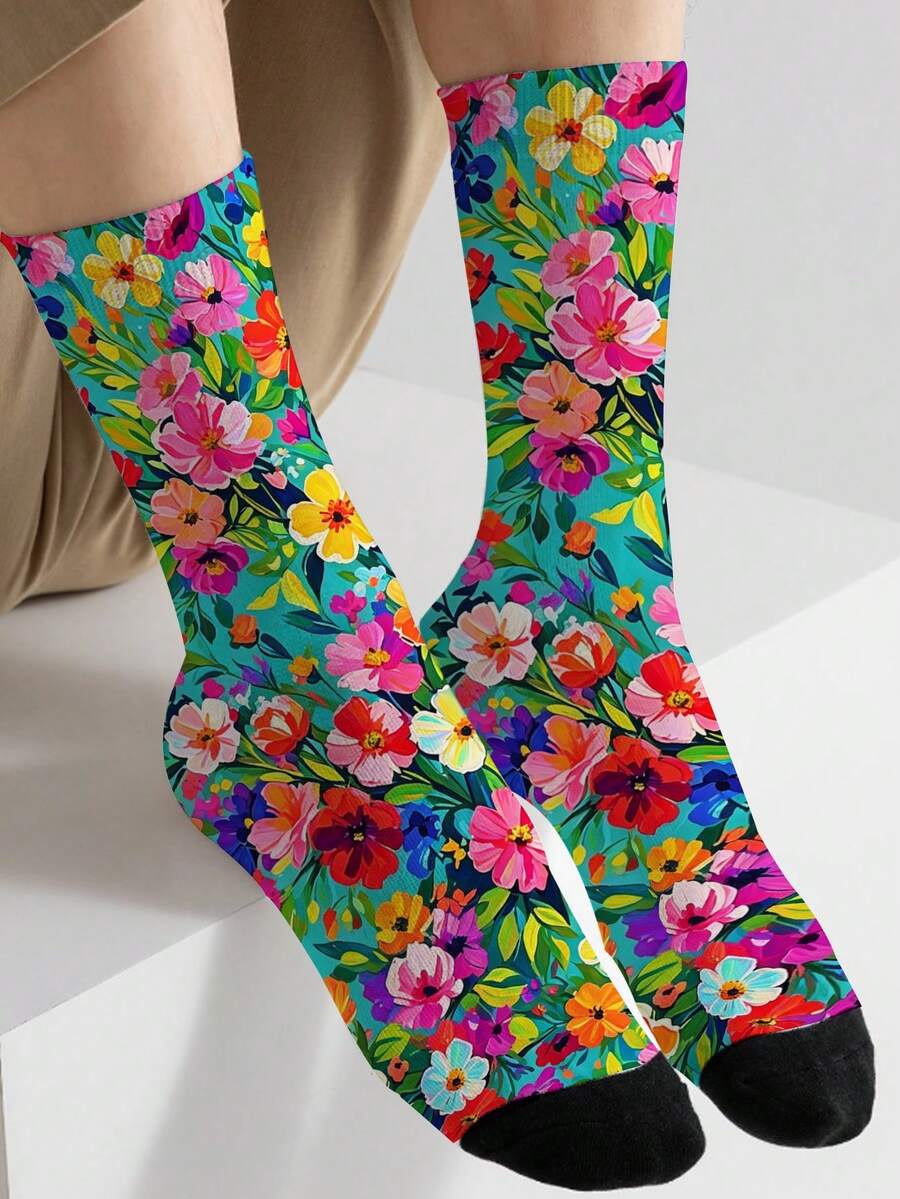 1 Pair 360 Degree Men's Socks - Full Print Design Including Floral Patterns, Soft Comfortable High Elasticity, Fashion Casual Street Style, Suitable For Compression Socks, Valentine's Day Socks Or Maternity Loose Socks - Multicolor - View 1